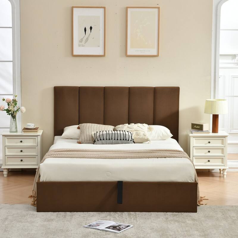 Full Size Lift-Up Storage Bed, White - Brown - Full