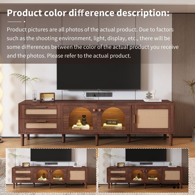 Rattan-Inspired 80'' Media Console with LED Lights & Ample Storage