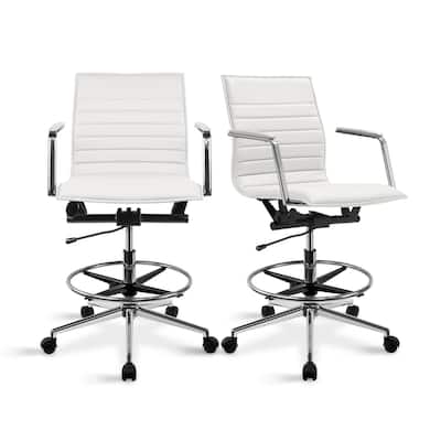 Set of 2 Modern Drafting Chair Upholstered PU Leather Ribbed Mid Back with Tall Adjustable Rest Computer Armchair