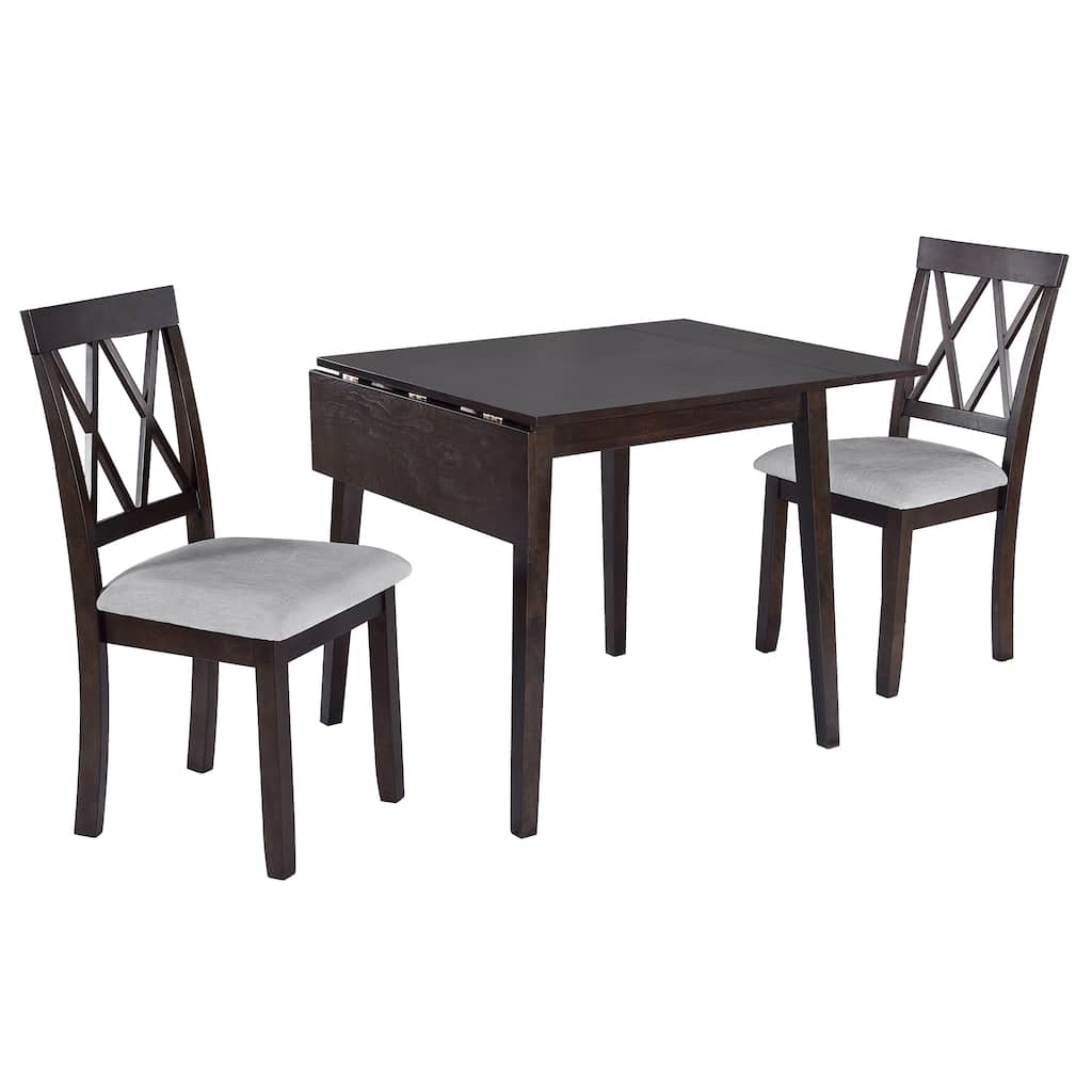 Kitchen Dining Table with Drop Leaf, Espresso Padded Dining Chairs with Cross Backrest, 3-Piece Bar Table and Chairs Set