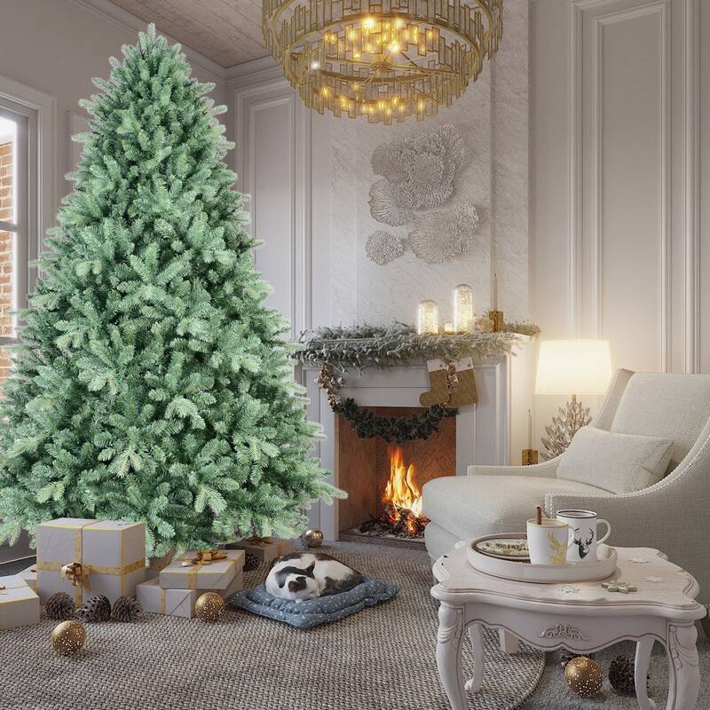 Blue-Green Tint Artificial Tree - Unique Full-Bodied Shape, Hinged Branches, Metal Stand - Blue+Green