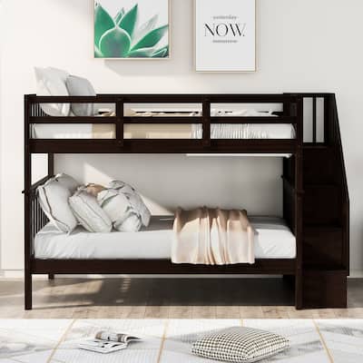 Stairway Full Over Full Bunk Bed with Open Storage and Guard Rail