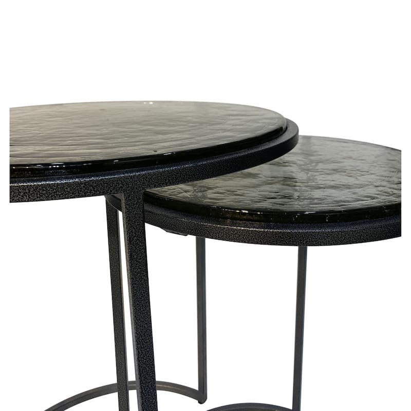 HomeRoots Set of Two Clear and Gunmetal Glass and Iron Round Frame Nested Tables - 18.5 in. x 22 in. x 18.5 in.