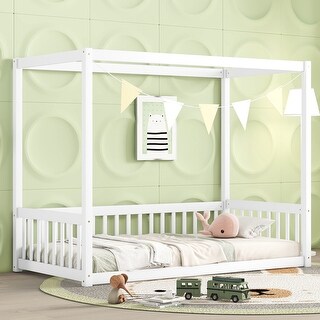 Twin Size Canopy Frame Floor Bed with Guardrails , Elegant Wooden Design, Secure Guardrails Ensure Safety