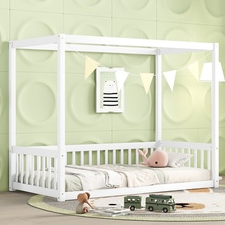 Twin Size Pine Wood Canopy Frame Floor Bed with Fence and Guardrails for Bedroom