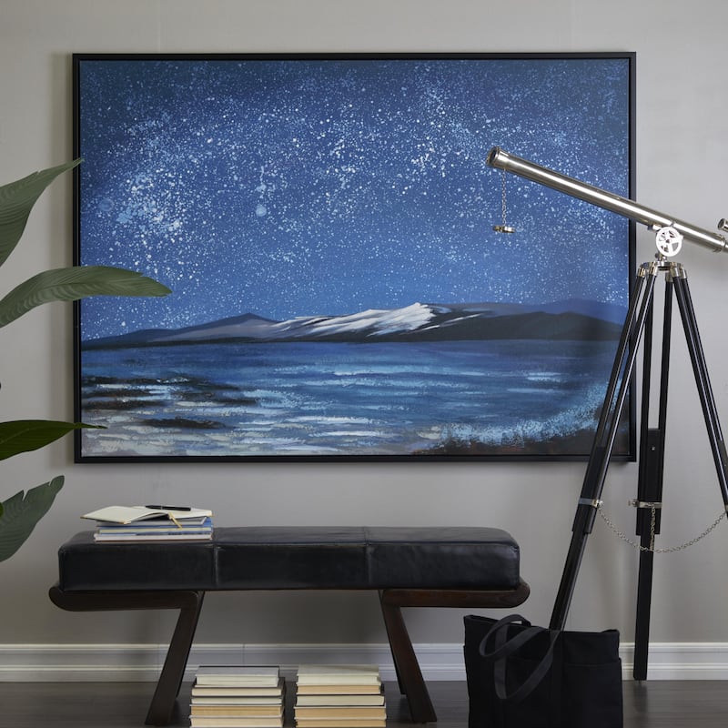 Canvas Landscape Night Sky Framed Wall Art with Black Frame - Blue - Roche River Decor