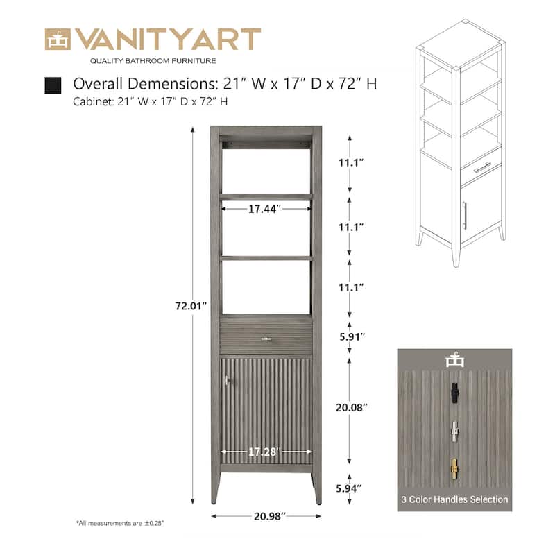 Vanity Art 72" Tall Tower Bathroom Linen Cabinet with Soft Close Door and Drawer