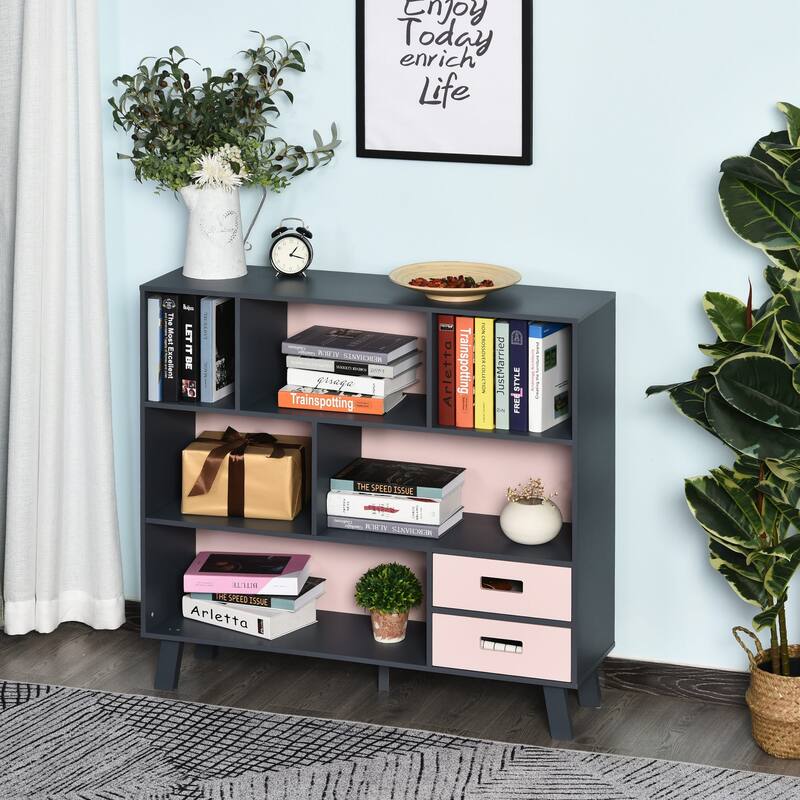 HOMCOM 3-Tier Child Bookcase Open Shelves Cabinet Floor Standing Home Office Storage Furniture Shelvin with Drawers