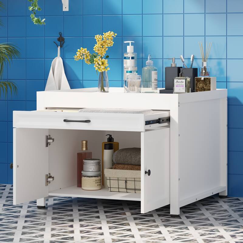 Versatile White Washer Cabinet & Bathroom Cabinet：Spacious Countertop and Storage