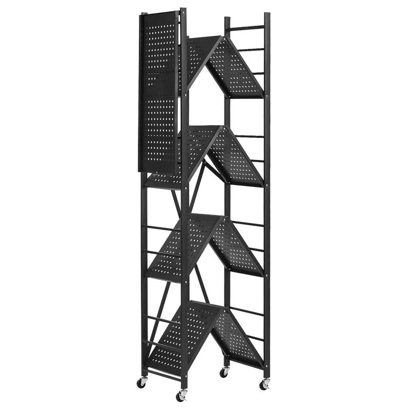 Black Carbon Steel 5 Tier Folding Garage Storage Shelf with Casters and J-Hooks - 13 x 28 x 66 in