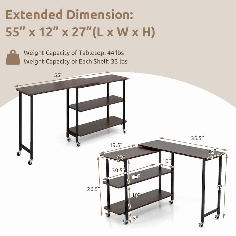 MDF Metal 360 Rotating Sofa Side Table with Shelves and Lockable Casters - 35.5" x 12" x 27"