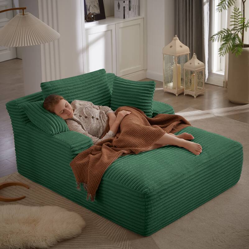 Comfy Sleeper Sofa Corduroy Upholstered Chaise Lounge with Pillows - Green