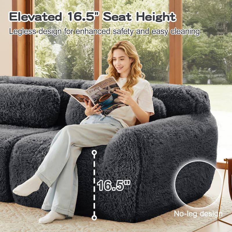 Roomfitters 114 Inch Modular Floor Sofa, Fluffy Plush Sectional with Ottoman, Chocolate