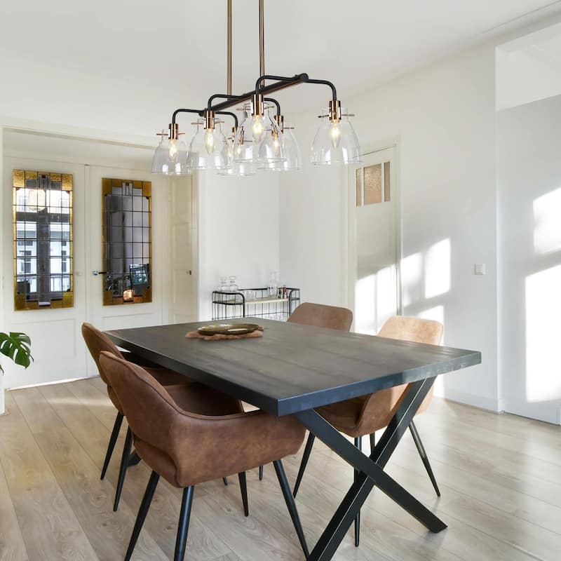 Carrall Modern 6-Light Black Gold Linear Chandelier Glass Pendant Light for Dining Room