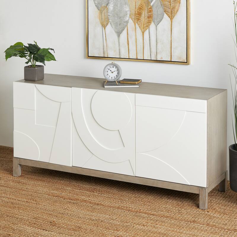Wooden Geometric 3 Door and 1 Interior Drawer Sideboard - White - Roche River Decor - 19"W x 68"L x 32"H