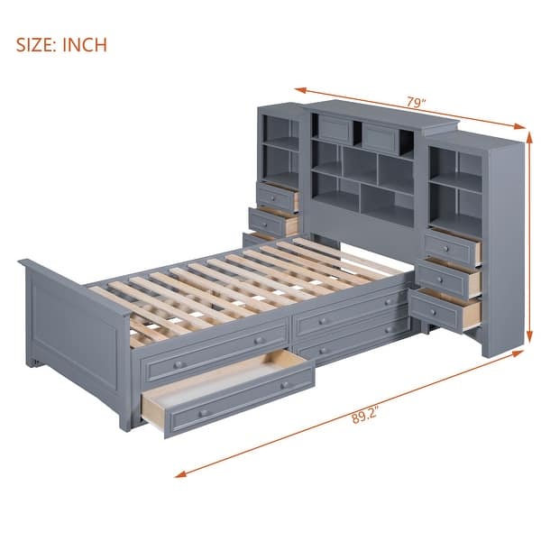 dimension image slide 0 of 2, All-in-One Bookcase Captains Bed Wood Storage Platform Bed with Storage Headboard and Drawers, Twin Size Space Saving Bed