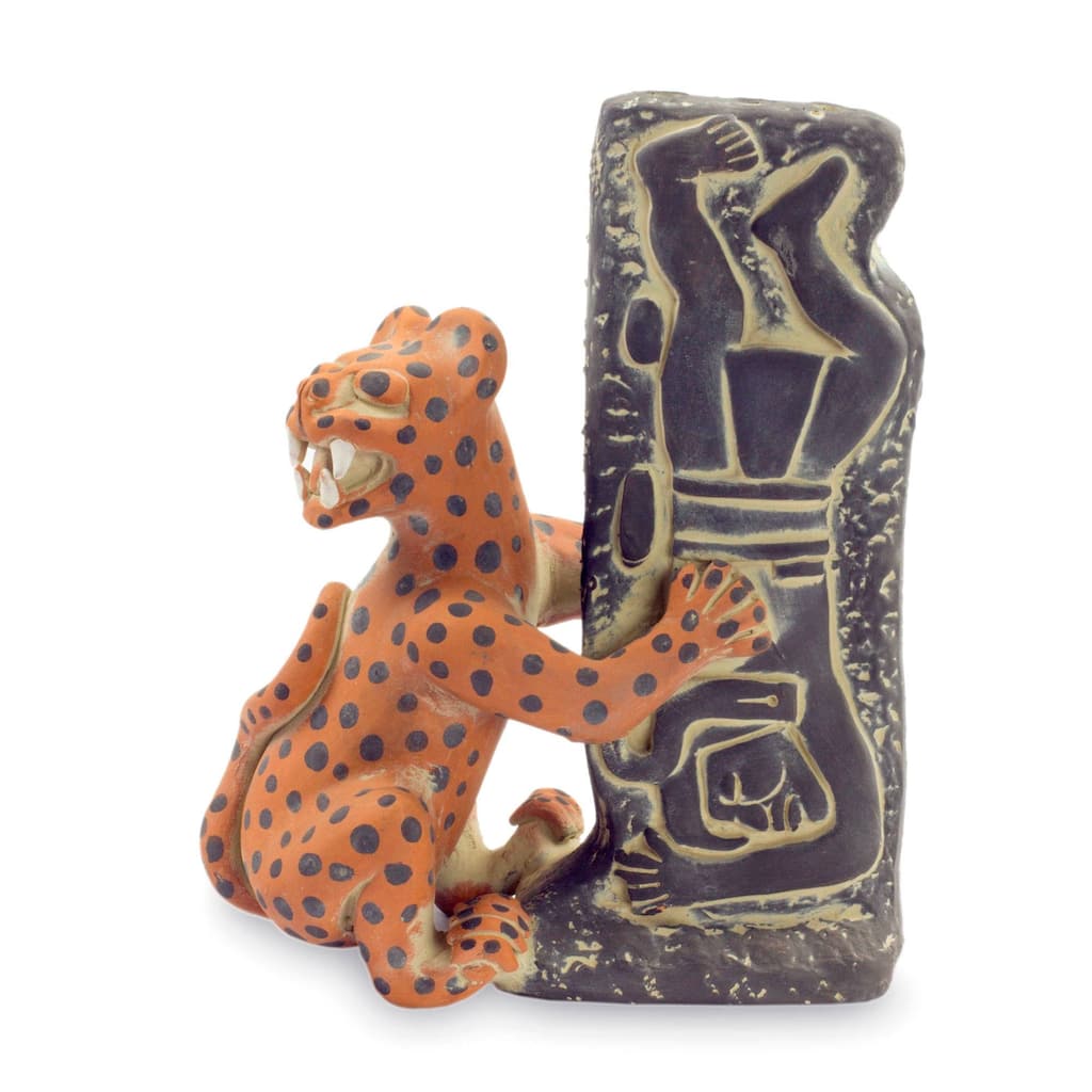 Ceramic sculpture, 'Olmeca Jaguar with Human'