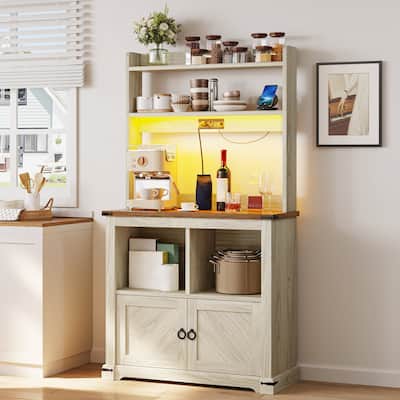 Moasis Farmhouse Kitchen Pantry Storage Cabinet Cupboard with Power Outlet, Microwave Stand and Adjustable Shelves