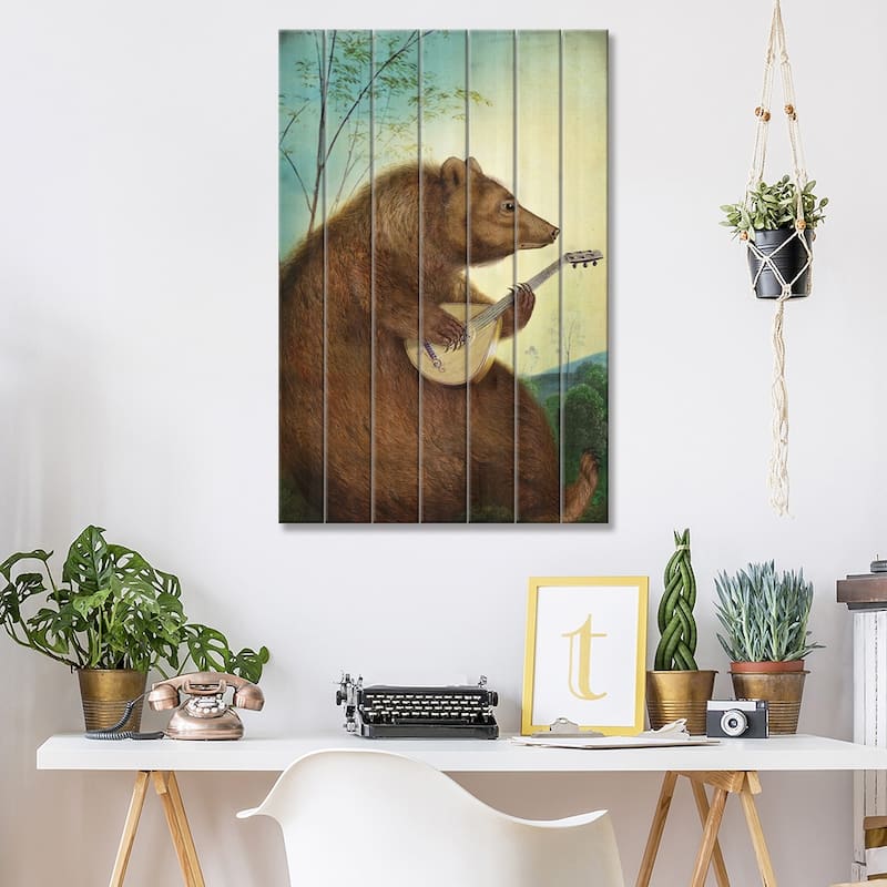 Mandolin Bear Print On Wood by Catrin Welz-Stein - Multi-Color