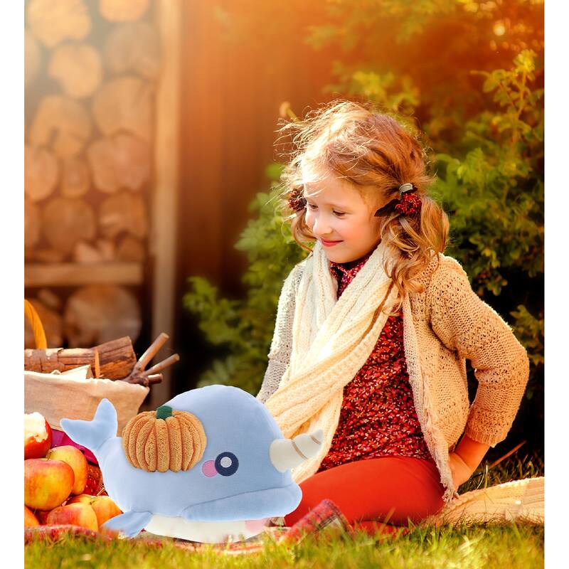 DolliBu Baby Soft Blue Narwhal Stuffed Animal with Pumpkin Decor - 11.75 inches