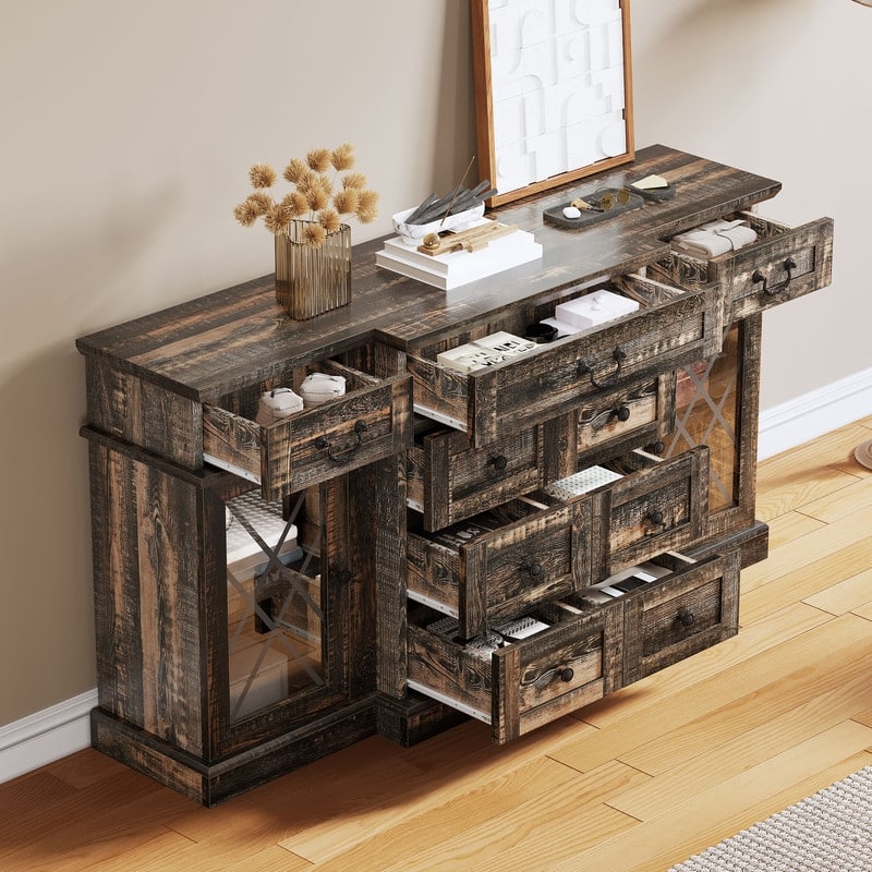 Moasis Farmhouse 59" TV Stands with 9 Drawers and Adjustable Shelves & Tempered Glass Doors