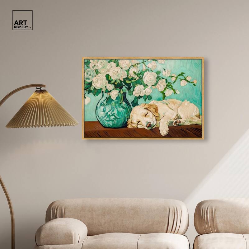Rose Vase Puppy Canvas by Art Remedy