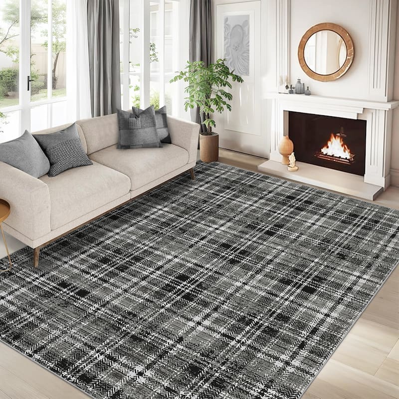 Garvee Earthy Plaid Soft Low Pile Foldable Area Rug - 8'x10' - Grey