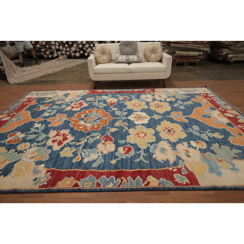 Hand Knotted Oriental 100% Wool Carpet Transitional Floral Navy Blue & Blues Oushak Area Rug - 11' 10'' X 9' 2''