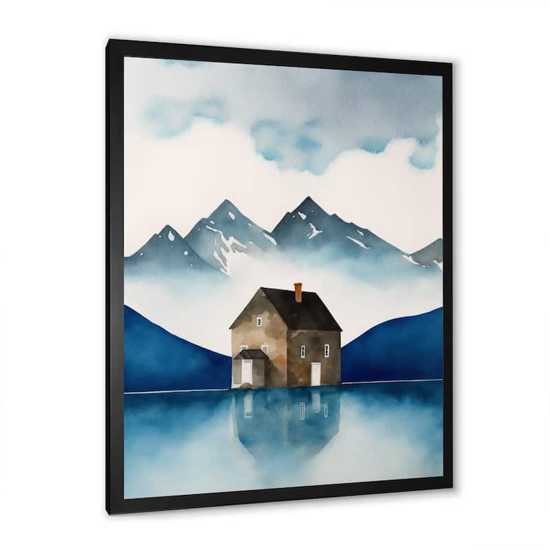 Designart "Cottage House By The Mountain Lake" Landscape Lake Framed Art Print