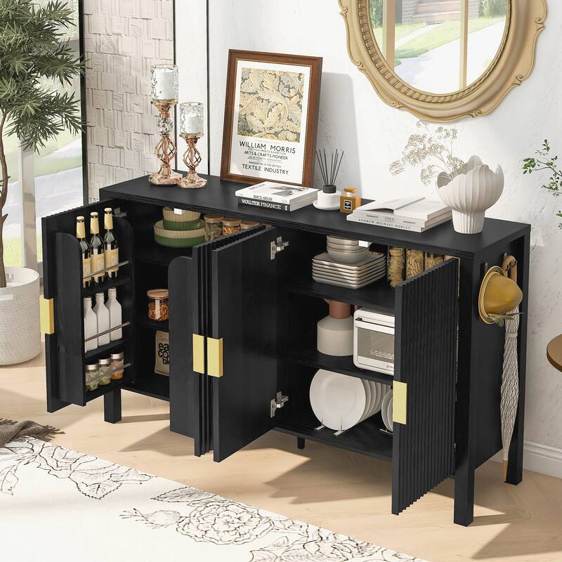 4-Door Sideboard with Back-of-Door Storage Racks & Side Hooks, Adjustable Shelves - Black