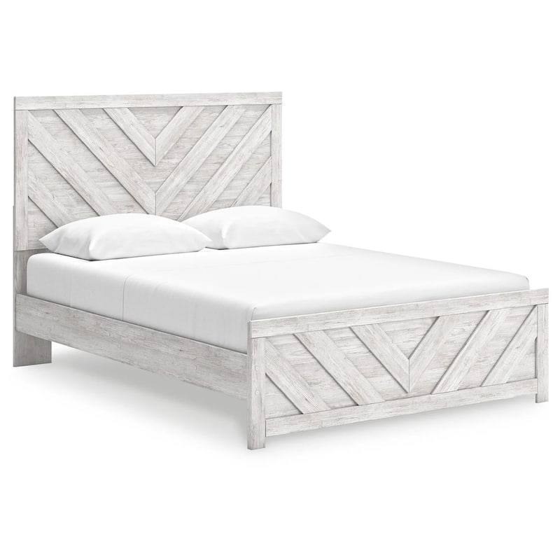Cany Queen Size Bed, Chevron Pattern, Panel Headboard, Whitewash