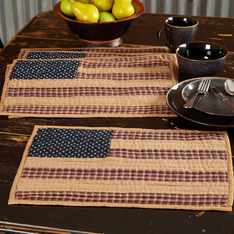 Patriotic Patch Placemat Quilted Set of 6 12x18 - Placemat 12x18 - Placemat 12x18 - Set of 6 - Deep Red/Khaki/Navy