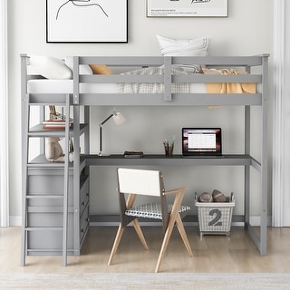 Twin/Full Size High Loft Bed w/Desk, Storage Shelves & 2 Built-in Drawers, Versatile Wood Twin/Full Loftbed Frame for Kids Teens