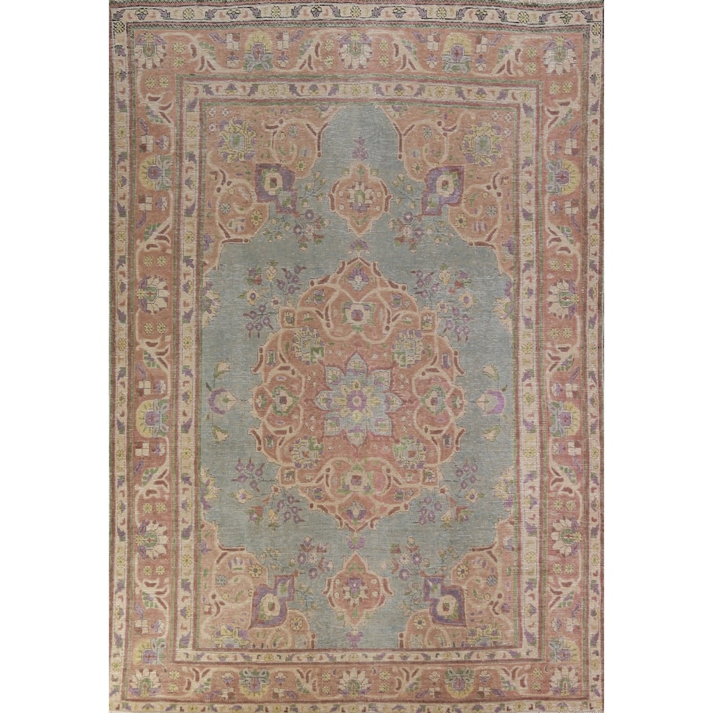 Light Blue Tabriz Persian Vintage Area Rug Hand-Knotted Wool Carpet - 7'7" x 10'9"