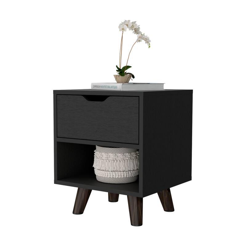 19 Inch Wood Nightstand with Storage Drawer and Open Shelf Bedside Table for Small Spaces