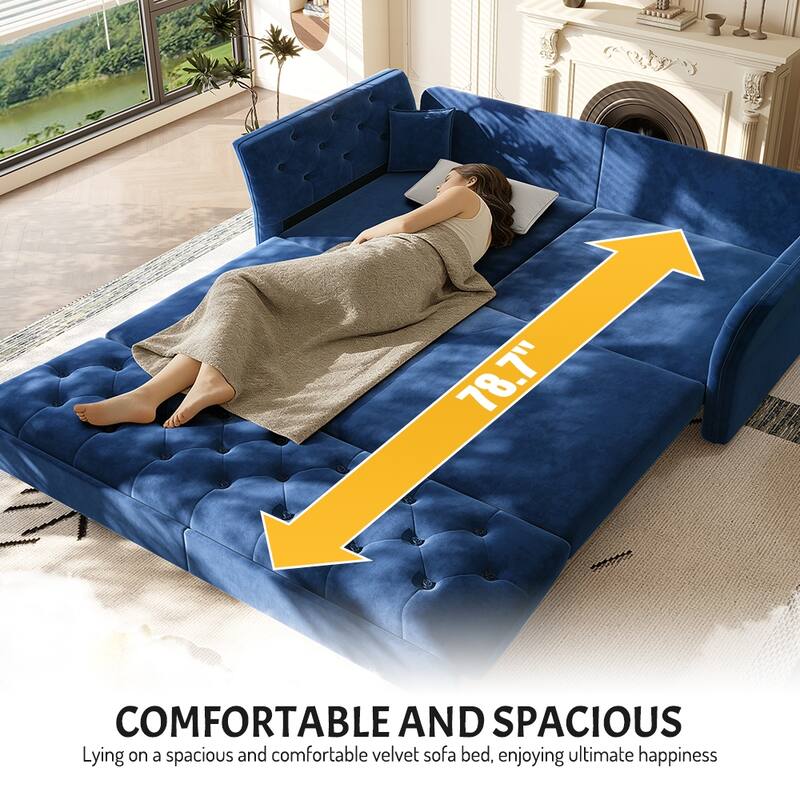 74.4" Velvet Sofa Bed, Pull-Out Sleeper Couch, Convertible Loveseat, Upholstered Sofa Bed with Tufted Backrest, Flared Arms