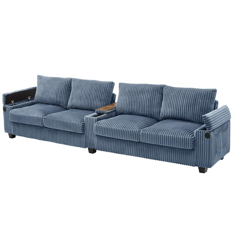 4 Seater Corduroy Sofa Couch with USB Ports and Storage Arms, 133" Modern Sofa with Side Pockets and Flip-Top Cup Holders