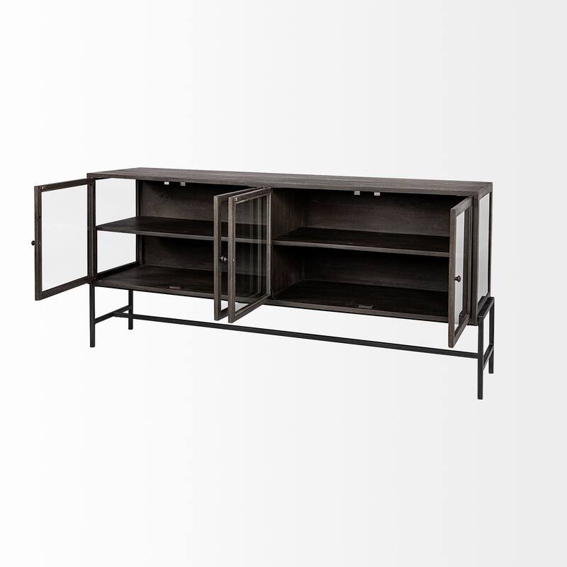 Arelius Light Brown w/ Black Metal Base 4 Door Glass Cabinet Sideboard - 70.0L x 18.0W x 32.0H