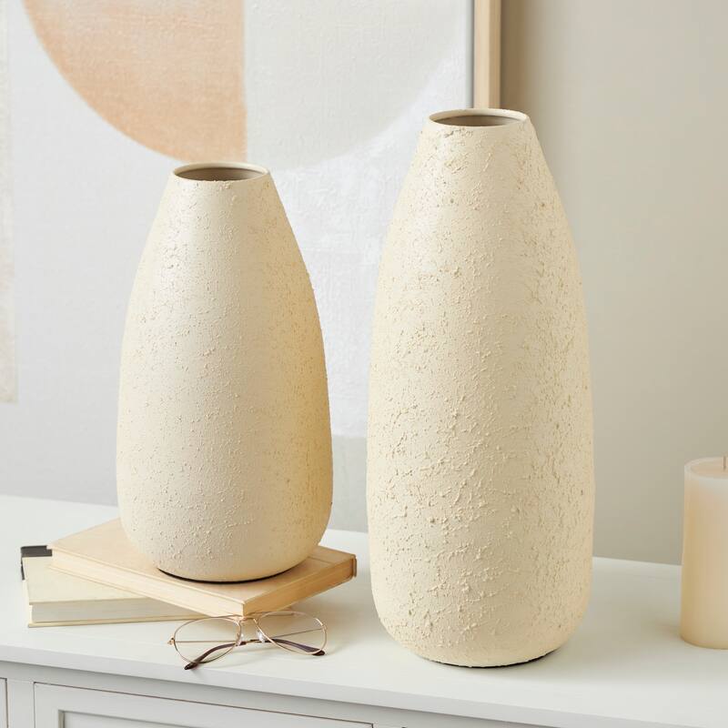 Cream Metal Minimalistic Distressed Textured Decorative Vase (Set of 2) - Cream