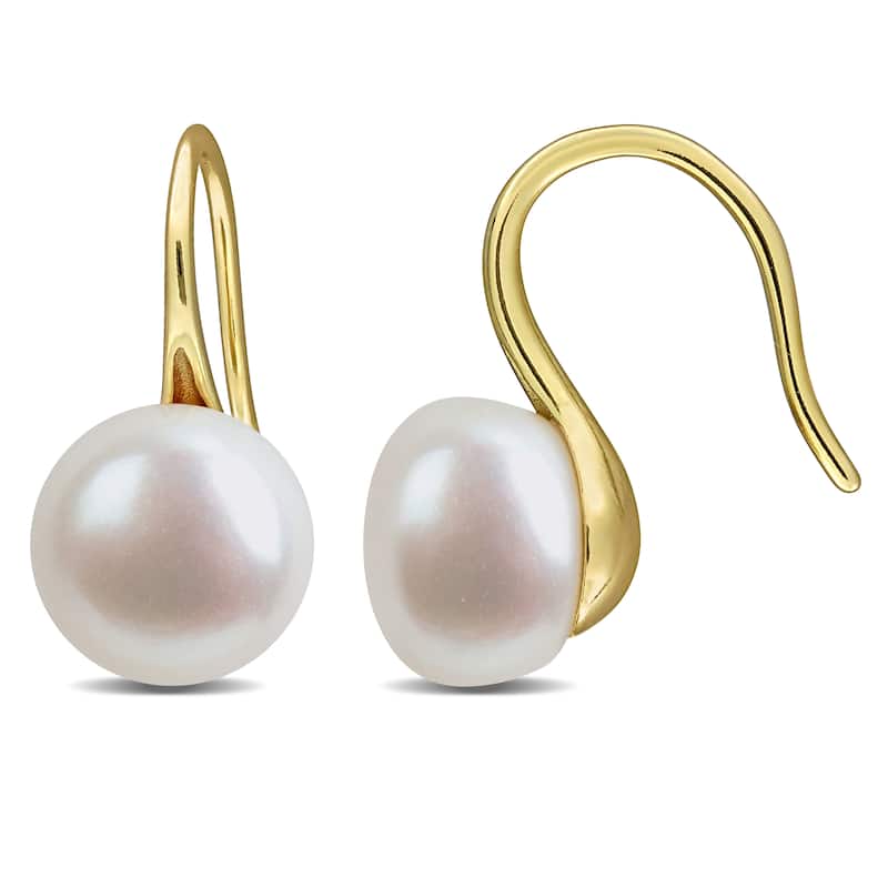 Miadora 8-9mm Cultured Freshwater Pearl Wave Shepherd Hook Earrings Yellow Plated Sterling Silver