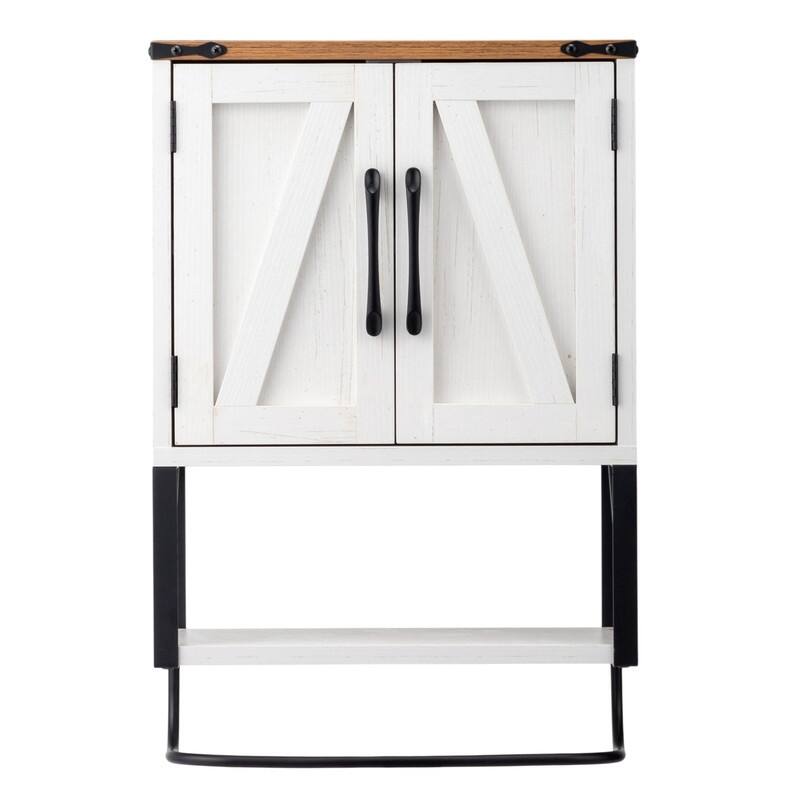 Barn Door Bathroom Cabinet Wall Mounted With Towel Bar - Wood Finish - White