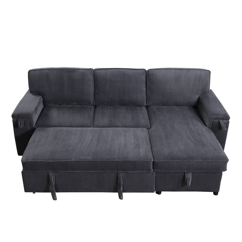 Pull Out Sleeper Sectional Sofa Bed Corduroy L-shaped Couch with Reversible Storage Chaise, Side Pockets and Hidden Cup Holders