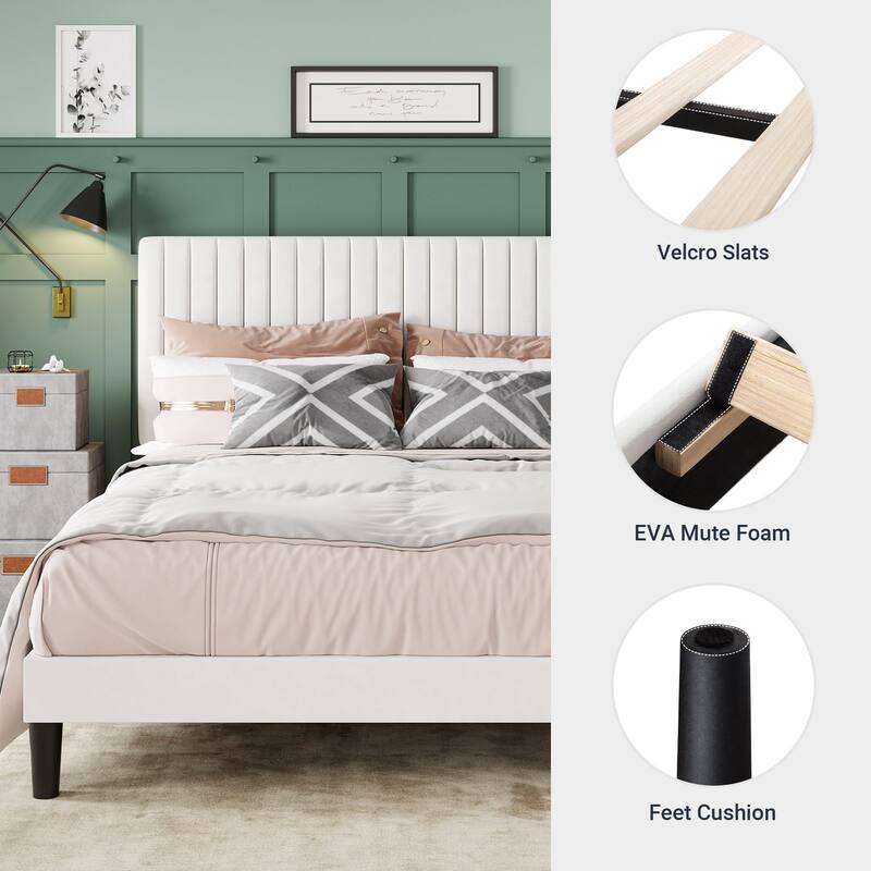 King Bed Frame, Velvet Upholstered Platform Bed with Vertical Channel Tufted Headboard, Mattress Foundation with Wooden Slats