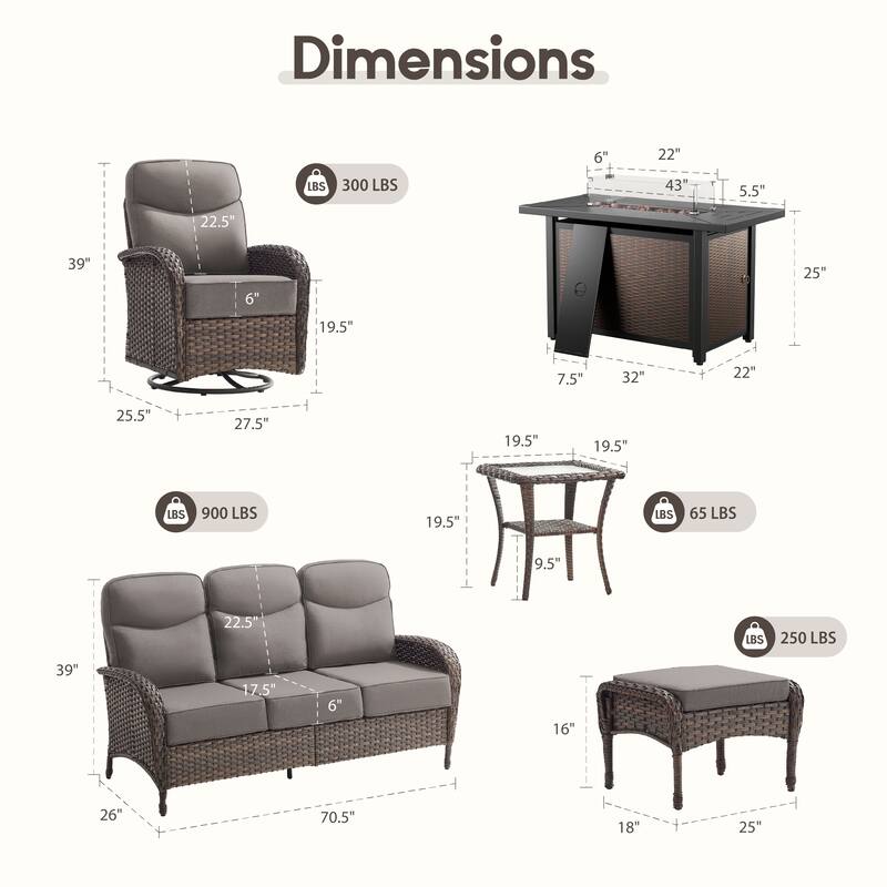 Luna 7-Piece Wicker Outdoor Patio Fire Pit Sofa Set with 6-Inch Thick Cushions