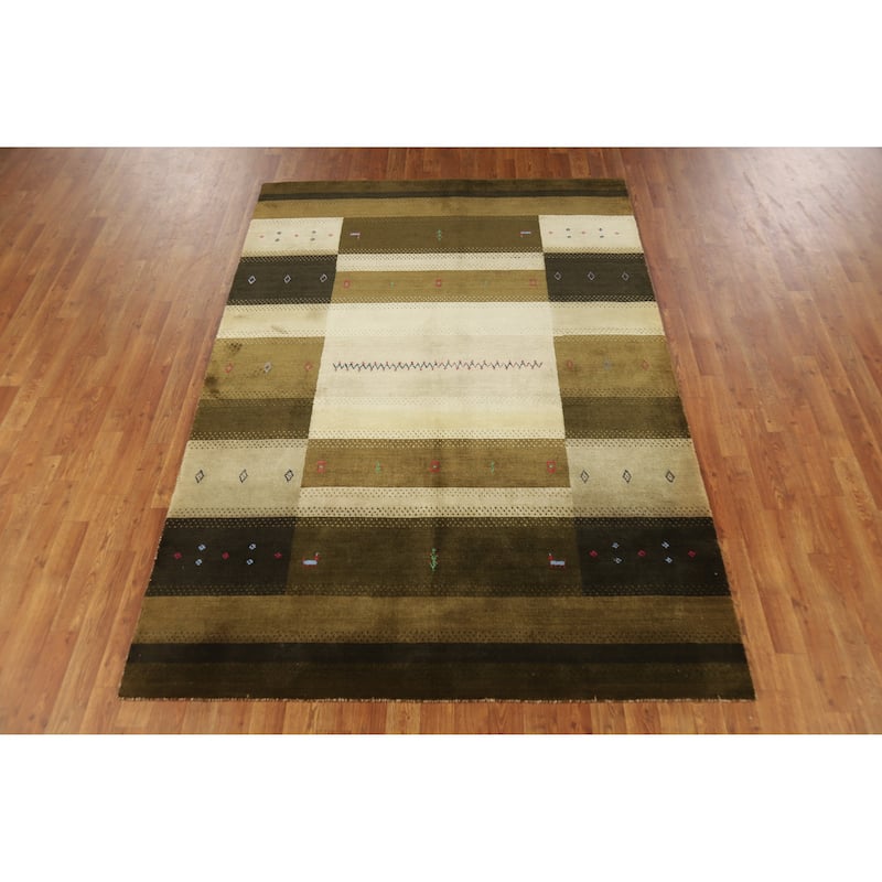 Green Gabbeh Indian Area Rug Handmade Wool Carpet - 5'3" x 7'8"