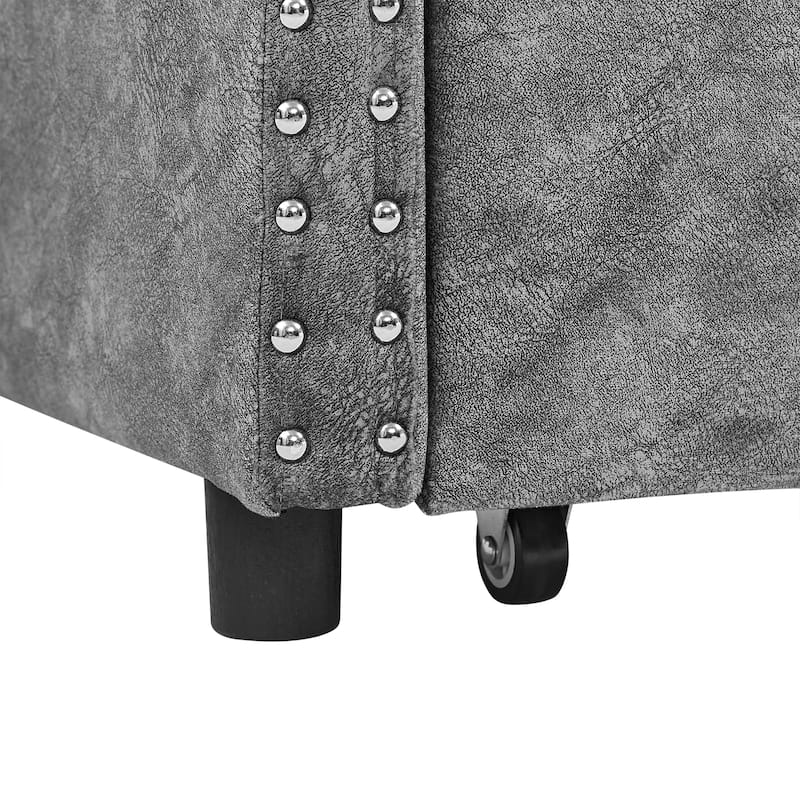 Mid-Century Linen Upholstered Daybed Platform Bed Frame with Storage Drawers, Button Tufted Back and Nailhead Trim Arms