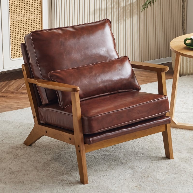 Upholstered Linen Blend Accent Chair with Wooden Legs and One Pillow Beige - Dark Brown