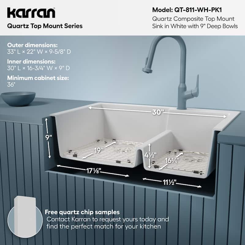 Karran 33" Top Mount Large/Small Bowl Quartz Kitchen Sink Kit - 33" x 22" x 9"