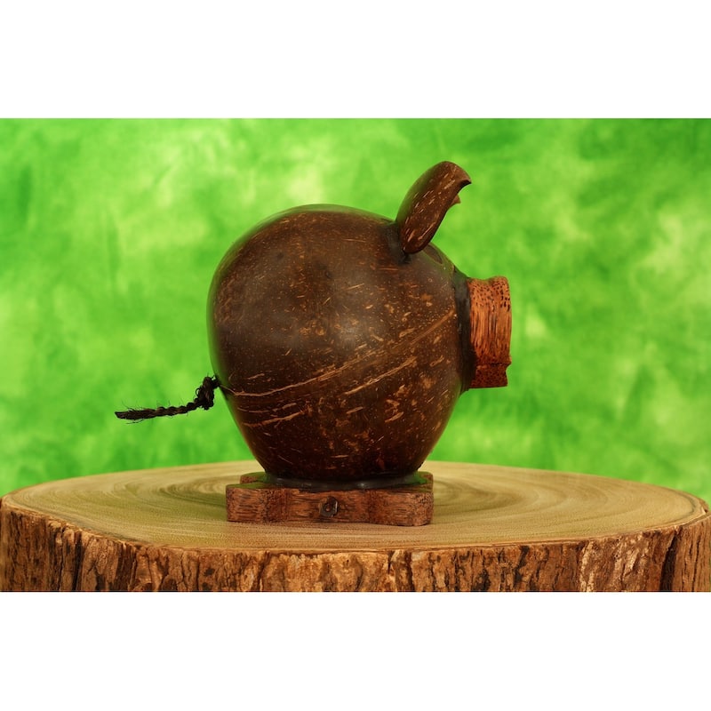 Handmade Coconut Shell Wood Cute Pig Coin Piggy Bank Wooden Hand Carved Keepsake Saving Money Kids - 6" tall x 5" wide x 5" deep