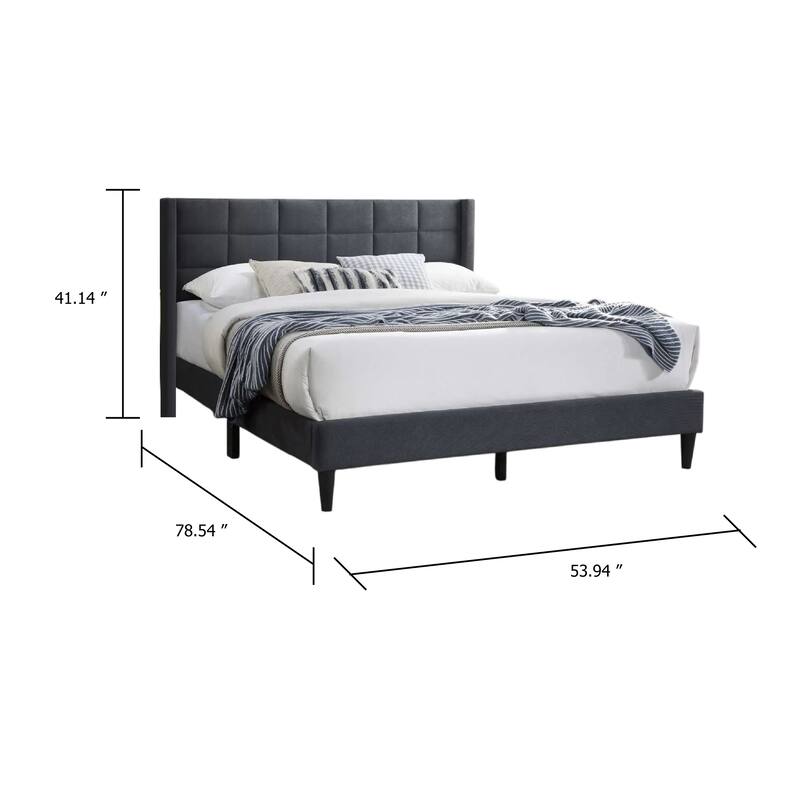 Zensa Full Bed, Charcoal Gray Linen Upholstery, Padded Wing Headboard